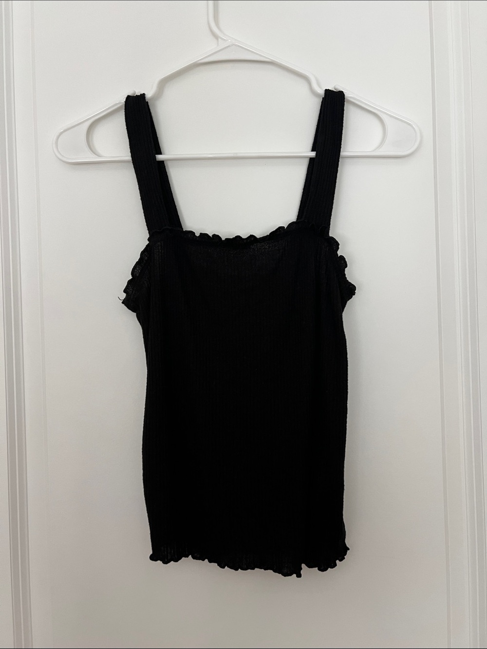 American Eagle Outfitters Black Ribbed Tank Top with Ruffle Trim